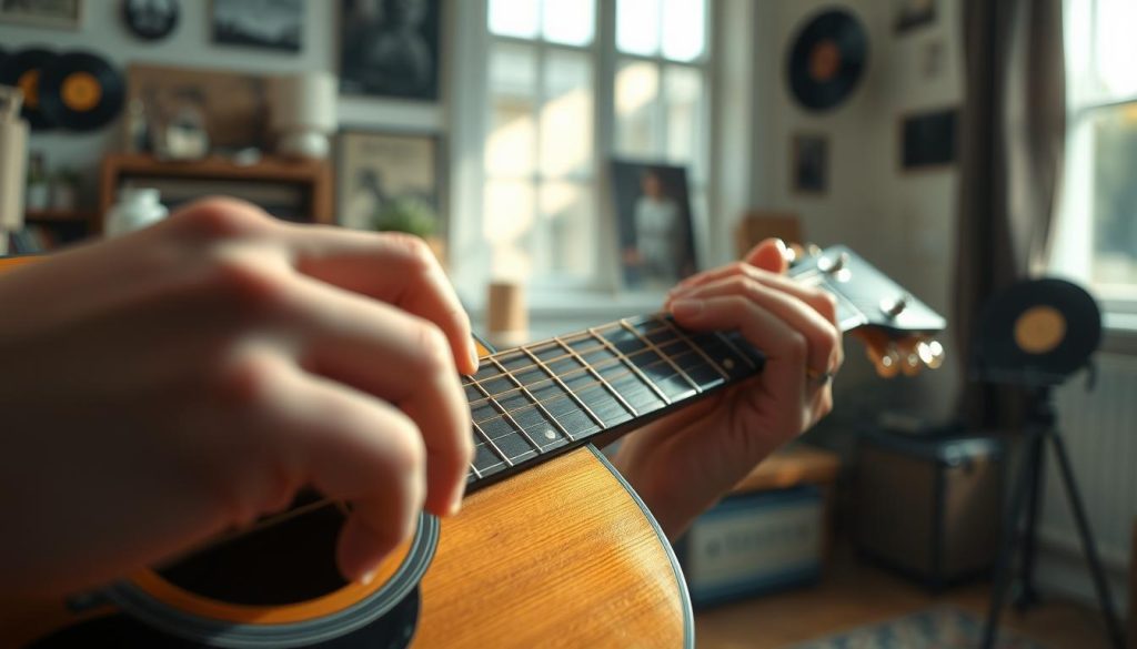A close-up of an acoustic guitar's neck in open-G tuning, fingers gracefully executing a delicate fingerpicking pattern. The scene is illuminated by soft, natural morning light filtering through a window, highlighting the glossy wood grains of the guitar. In the foreground, the focus is on the fingers, showcasing intricate finger placements and movement, while the blurred body of the guitar adds depth. In the background, a warm, cozy room filled with subtle hints of vintage music decor, like vinyl records and a music stand, creates an inviting atmosphere. The overall mood is serene and introspective, conveying the hypnotic nature of guitar playing. A close-up of an acoustic guitar's neck in open-G tuning, fingers gracefully executing a delicate fingerpicking pattern. The scene is illuminated by soft, natural morning light filtering through a window, highlighting the glossy wood grains of the guitar. In the foreground, the focus is on the fingers, showcasing intricate finger placements and movement, while the blurred body of the guitar adds depth. In the background, a warm, cozy room filled with subtle hints of vintage music decor, like vinyl records and a music stand, creates an inviting atmosphere. The overall mood is serene and introspective, conveying the hypnotic nature of guitar playing.