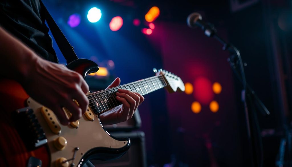 A close-up of an electric rhythm guitar being played in a dynamic rock setting. In the foreground, focus on the hands of a musician expertly strumming the guitar's strings, showcasing finger positioning and guitar body details. The middle ground features an amplifier with glowing lights, and a microphone stand, creating a sense of performance. The background includes a dimly lit stage with soft, colorful lights highlighting the atmosphere, enhancing the mood of excitement and energy. The overall lighting is dramatic, emphasizing the musician's concentration and passion. Capture the essence of a live rock performance, with an intimate yet vibrant ambiance.