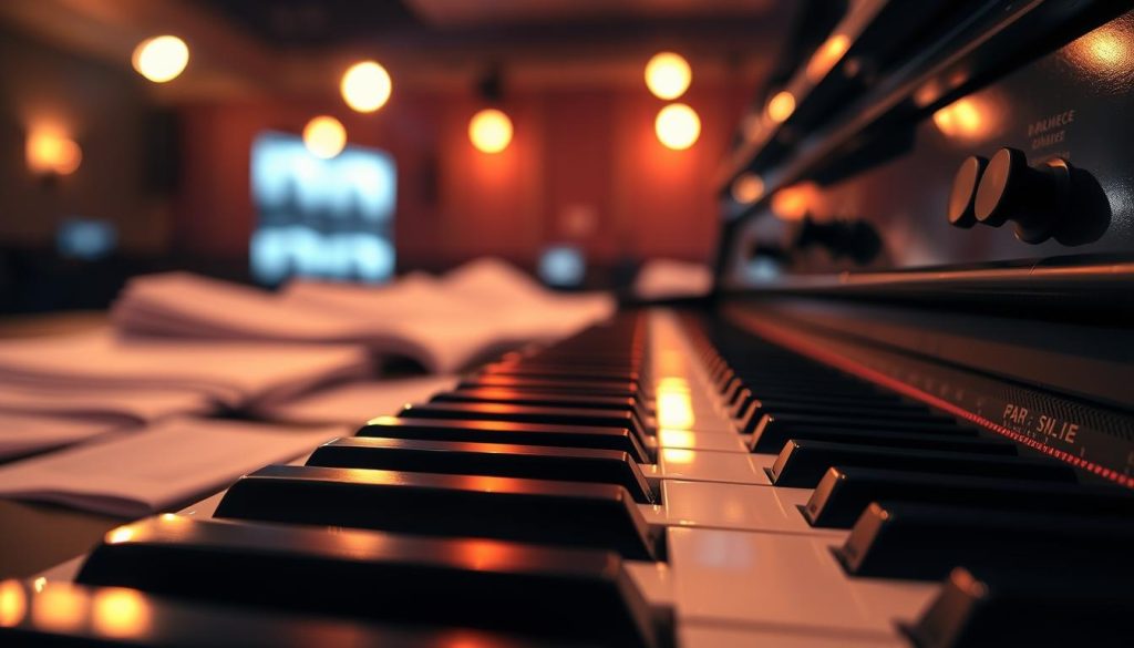 A close-up view of a richly detailed keyboard, surrounded by ambient lighting that creates a warm, inviting atmosphere. In the foreground, the keyboard is in sharp focus, showcasing its gleaming keys and intricate textures. The middle ground features slightly blurred music sheets scattered around, evoking a sense of creativity. The background should include soft bokeh effects from dimly lit stage lights, enhancing the mood of a live performance. The scene is bathed in warm tones, suggesting an intimate listening experience. Capture this with a low-angle perspective, highlighting the depth and allure of the keyboard, immersing viewers in the enchanting world of music details.