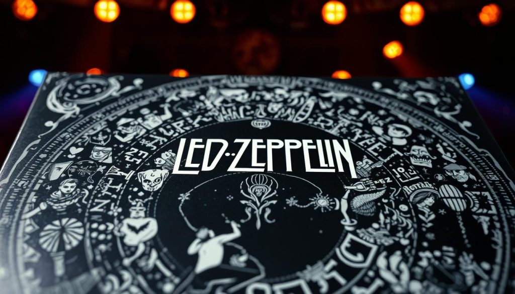 A close-up view of the iconic "Led Zeppelin I" album cover, featuring the striking black and white design of the band’s original artwork. In the foreground, focus on the bold "Led Zeppelin" title at the center, surrounded by intricate details of the album art. The middle layer should highlight the elements of the album, such as the melding of classic rock imagery and ethereal details, creating a sense of depth. In the background, evoke a moody atmosphere reminiscent of the late 1960s with soft, muted colors and diffuse lighting, as if lit by warm stage lights during a live performance. The overall mood should reflect the revolutionary spirit and energy of the band's early days, evoking nostalgia and excitement.