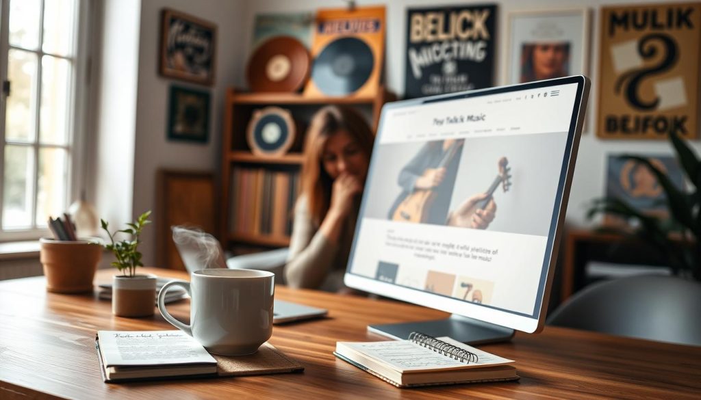 A cozy workspace with a large computer screen displaying an elegant website layout dedicated to folk music, featuring soothing pastel colors and minimalist design elements. In the foreground, a wooden desk adorned with a steaming mug of herbal tea, a potted plant, and a notebook with handwritten notes about music. In the middle ground, a person dressed in comfortable yet professional attire, thoughtfully interacting with the computer, conveying a sense of focus and engagement. The background is softly blurred, featuring shelves filled with vinyl records and framed concert posters, creating a warm, inviting atmosphere. Soft, natural lighting filters in from a nearby window, casting gentle shadows and enhancing the tranquil mood of this creative environment. A cozy workspace with a large computer screen displaying an elegant website layout dedicated to folk music, featuring soothing pastel colors and minimalist design elements. In the foreground, a wooden desk adorned with a steaming mug of herbal tea, a potted plant, and a notebook with handwritten notes about music. In the middle ground, a person dressed in comfortable yet professional attire, thoughtfully interacting with the computer, conveying a sense of focus and engagement. The background is softly blurred, featuring shelves filled with vinyl records and framed concert posters, creating a warm, inviting atmosphere. Soft, natural lighting filters in from a nearby window, casting gentle shadows and enhancing the tranquil mood of this creative environment.