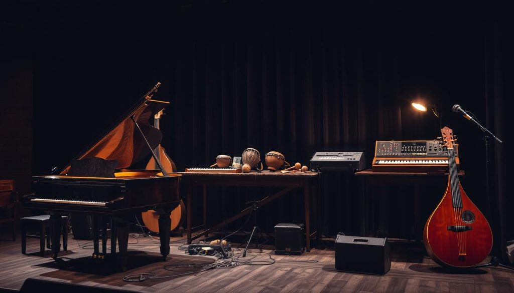 A dimly lit stage set for a live music performance, featuring a rich display of traditional musical instruments that create a moody and atmospheric scene. In the foreground, a classic grand piano with polished wood glimmers under soft, warm spotlighting, its keys reflecting subtle light. Beside it, an intricately carved lute and a vintage synthesizer add depth to the artistry. In the middle, an old wooden table holds various percussion instruments, such as hand drums and maracas, inviting a sense of collaboration and rhythm. The background showcases hints of a dark velvet curtain and a faint glow from vintage stage lights, casting shadows that enhance the ambiance reminiscent of an intimate, serene night. The overall mood is reflective, invoking a sense of calm and anticipation, perfect for an ethereal musical journey.