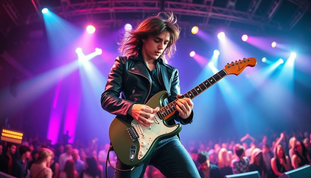 A dynamic scene featuring a solo musician inspired by Jimmy Page, passionately playing an electric guitar on stage. The foreground shows a young male guitarist with long, wavy hair, dressed in a stylish black leather jacket and fitted jeans, delivering an expressive solo. His fingers are skillfully bending the strings, capturing the essence of his iconic style. The middle ground showcases an illuminated stage with dramatic lighting, casting vibrant colors like deep blues and purples that enhance the mood of the performance. The background includes a blurred audience, immersed in the music, with soft light reflections creating an engaging atmosphere. The image has a slight fisheye lens effect to emphasize the musician's presence, while maintaining clarity in the details of his passionate expression and intricate guitar work.