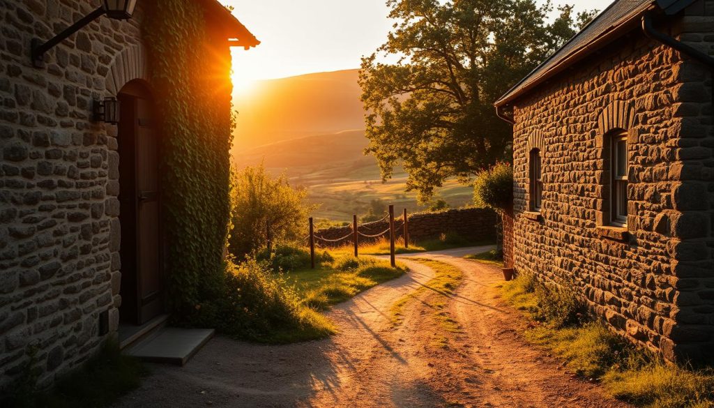 A rustic, atmospheric view of Headley Grange set during the golden hour of sunset. In the foreground, an aged stone building with ivy creeping over its weathered walls, showcasing rustic charm. In the middle ground, a dust path leads to the entrance, flanked by lush greenery and a few scattered wildflowers. The background features rolling hills bathed in warm light, with the sun casting long shadows. Capture a soft, dreamy ambiance, evoking feelings of nostalgia and creativity. The lighting should emphasize the texture of the stones and the vibrant colors of the foliage, creating an inspiring, serene atmosphere. The scene should feel inviting yet mysterious, resonating with the themes of musical exploration and spontaneity. A rustic, atmospheric view of Headley Grange set during the golden hour of sunset. In the foreground, an aged stone building with ivy creeping over its weathered walls, showcasing rustic charm. In the middle ground, a dust path leads to the entrance, flanked by lush greenery and a few scattered wildflowers. The background features rolling hills bathed in warm light, with the sun casting long shadows. Capture a soft, dreamy ambiance, evoking feelings of nostalgia and creativity. The lighting should emphasize the texture of the stones and the vibrant colors of the foliage, creating an inspiring, serene atmosphere. The scene should feel inviting yet mysterious, resonating with the themes of musical exploration and spontaneity.