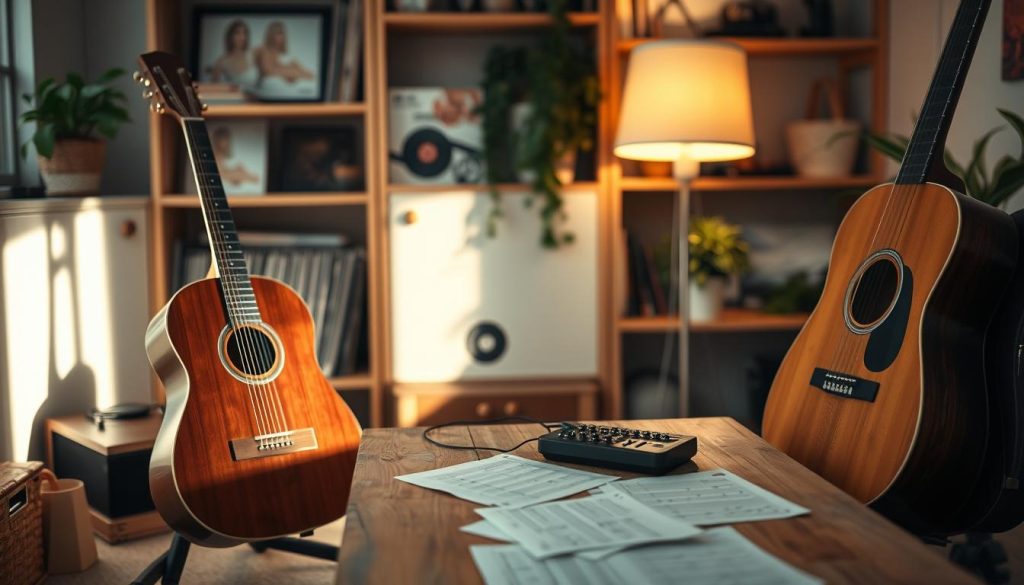 A serene and minimalist arrangement of acoustic instruments set in a cozy, softly-lit room. In the foreground, a handcrafted wooden guitar leans against a simple, elegant stand, alongside a small vintage synthesizer with clean lines. The middle ground features a rustic wooden table with sheet music subtly scattered across it, hinting at a creative process. In the background, gently blurred shelves display a curated selection of vinyl records, plants, and a warm lamp casting a soft glow, creating a tranquil atmosphere. The lighting is warm and inviting, enhancing the calm and thoughtful mood of the space, with a depth of field that draws attention to the details of the instruments and their arrangement. A serene and minimalist arrangement of acoustic instruments set in a cozy, softly-lit room. In the foreground, a handcrafted wooden guitar leans against a simple, elegant stand, alongside a small vintage synthesizer with clean lines. The middle ground features a rustic wooden table with sheet music subtly scattered across it, hinting at a creative process. In the background, gently blurred shelves display a curated selection of vinyl records, plants, and a warm lamp casting a soft glow, creating a tranquil atmosphere. The lighting is warm and inviting, enhancing the calm and thoughtful mood of the space, with a depth of field that draws attention to the details of the instruments and their arrangement.