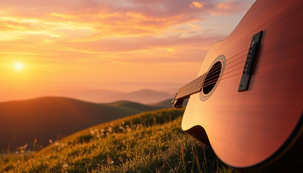 A serene landscape featuring rolling hills under a vibrant sunset sky. In the foreground, a classic acoustic guitar rests on a grassy knoll, beautifully illuminated by warm golden light. The guitar's polished wood reflects the colors of the sunset, showcasing intricate grain patterns. In the middle ground, the hills gently rise and fall, covered in lush greenery and wildflowers, creating a sense of tranquility. The background features distant hills fading into soft purples and blues, enhancing the depth of the scene. A gentle breeze seems to ripple through the grass, and the overall atmosphere is peaceful and nostalgic, evoking a feeling of longing and connection to nature. The lens captures the scene from a slight low angle, emphasizing the elegance of the guitar against the breathtaking backdrop.