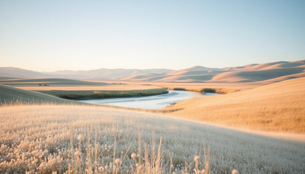 A serene, minimalist landscape that visually embodies a “crescendo” of softness and harmony. In the foreground, a gentle slope coated with smooth, pale grass gently curves, dotted with understated white wildflowers. In the middle ground, a tranquil stream reflects the soft blues of a clear sky, with delicate ripples suggesting movement. The background features subtle undulating hills, bathed in warm golden hues of the setting sun, casting a soft glow throughout the scene. The lighting is soft and diffused, creating a calm atmosphere, with a lens perspective that captures the entirety of this peaceful landscape. The overall mood is soothing, evoking a sense of quietness and gradual build-up, reminiscent of a minimalist arrangement in folk music. A serene, minimalist landscape that visually embodies a “crescendo” of softness and harmony. In the foreground, a gentle slope coated with smooth, pale grass gently curves, dotted with understated white wildflowers. In the middle ground, a tranquil stream reflects the soft blues of a clear sky, with delicate ripples suggesting movement. The background features subtle undulating hills, bathed in warm golden hues of the setting sun, casting a soft glow throughout the scene. The lighting is soft and diffused, creating a calm atmosphere, with a lens perspective that captures the entirety of this peaceful landscape. The overall mood is soothing, evoking a sense of quietness and gradual build-up, reminiscent of a minimalist arrangement in folk music.
