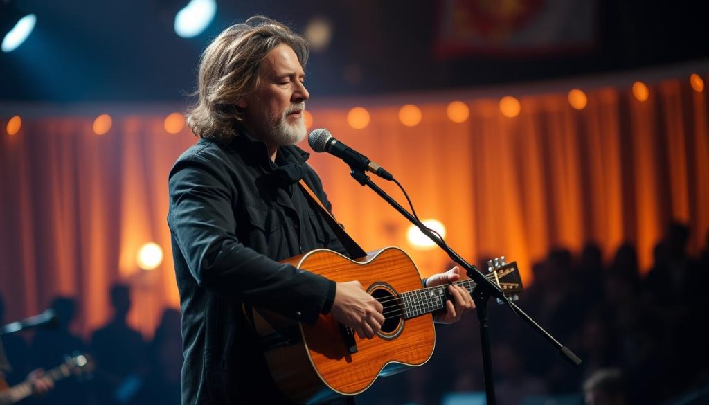 A soulful portrait of Robert Plant performing a solo acoustic piece, capturing the essence of his voice and the emotional depth in his performance. In the foreground, Plant stands center stage, dressed in a stylish yet modest outfit, his eyes closed as he passionately sings into a vintage microphone. The middle layer showcases a wooden acoustic guitar cradled in his hands, with a hint of intricate wood grain visible. In the background, a softly illuminated stage with warm, ambient lighting creates an intimate atmosphere, while blurred silhouettes of an attentive audience enhance the mood of connection. The scene is shot from a slight low angle, emphasizing Plant's presence, with a soft bokeh effect in the lighting, evoking a sense of nostalgia and artistry. A soulful portrait of Robert Plant performing a solo acoustic piece, capturing the essence of his voice and the emotional depth in his performance. In the foreground, Plant stands center stage, dressed in a stylish yet modest outfit, his eyes closed as he passionately sings into a vintage microphone. The middle layer showcases a wooden acoustic guitar cradled in his hands, with a hint of intricate wood grain visible. In the background, a softly illuminated stage with warm, ambient lighting creates an intimate atmosphere, while blurred silhouettes of an attentive audience enhance the mood of connection. The scene is shot from a slight low angle, emphasizing Plant's presence, with a soft bokeh effect in the lighting, evoking a sense of nostalgia and artistry.