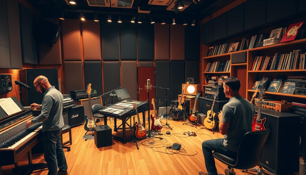 A spacious recording studio filled with vintage audio equipment and instruments, including a grand piano and a collection of electric guitars. In the foreground, a sound engineer adjusts the mixing console, dressed in professional attire, focused on the task at hand. The middle ground features large soundproof panels and a high-end microphone set up in front of a recording booth, while the background showcases shelves filled with vinyl records and music memorabilia. The soft glow of warm studio lights creates an inviting atmosphere, casting gentle shadows on the wooden floors. The angle is slightly elevated, offering a comprehensive view of the creative workspace. The mood is one of innovation and collaboration, embodying the spirit of a fast-paced recording session. A spacious recording studio filled with vintage audio equipment and instruments, including a grand piano and a collection of electric guitars. In the foreground, a sound engineer adjusts the mixing console, dressed in professional attire, focused on the task at hand. The middle ground features large soundproof panels and a high-end microphone set up in front of a recording booth, while the background showcases shelves filled with vinyl records and music memorabilia. The soft glow of warm studio lights creates an inviting atmosphere, casting gentle shadows on the wooden floors. The angle is slightly elevated, offering a comprehensive view of the creative workspace. The mood is one of innovation and collaboration, embodying the spirit of a fast-paced recording session.