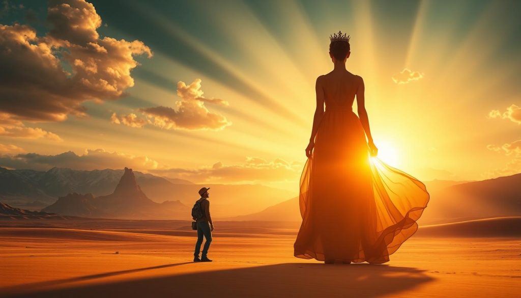 A surreal landscape depicting a vast, open desert with majestic mountains in the distance under a dramatic sunset. In the foreground, a silhouette of a wandering figure dressed in modest, casual clothing, symbolizing a quest for meaning and escape, gazes towards the horizon. Ethereal light rays penetrate the clouds, casting a golden glow over the scene. A large, transparent figure of a regal queen emerges from the sand, embodying the essence of longing and dreams, her flowing gown resembling the desert sands. The atmosphere is tense yet hopeful, capturing the essence of a journey filled with introspection and discovery. The composition is framed with a shallow depth of field, emphasizing the foreground while softly blurring the background mountains. A surreal landscape depicting a vast, open desert with majestic mountains in the distance under a dramatic sunset. In the foreground, a silhouette of a wandering figure dressed in modest, casual clothing, symbolizing a quest for meaning and escape, gazes towards the horizon. Ethereal light rays penetrate the clouds, casting a golden glow over the scene. A large, transparent figure of a regal queen emerges from the sand, embodying the essence of longing and dreams, her flowing gown resembling the desert sands. The atmosphere is tense yet hopeful, capturing the essence of a journey filled with introspection and discovery. The composition is framed with a shallow depth of field, emphasizing the foreground while softly blurring the background mountains.