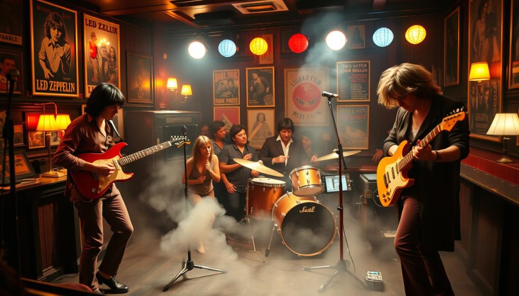 A vibrant 1968 scene capturing the essence of London's music scene during the emergence of Led Zeppelin. In the foreground, a young band setting up their instruments on a smoky club stage, with Jimmy Page tuning his guitar, Robert Plant adjusting his microphone, and John Bonham preparing to play drums. The musicians are dressed in stylish, modest 60s attire, reflecting the era's fashion. In the middle, enthusiastic fans are gathered, showcasing a mix of excitement and anticipation, surrounded by vintage posters on the walls. The background features dim lighting with a warm glow from vintage lamps, creating an intimate, electrifying atmosphere. The angle captures the energy of the moment, suggesting a transformative night in British rock history. A vibrant 1968 scene capturing the essence of London's music scene during the emergence of Led Zeppelin. In the foreground, a young band setting up their instruments on a smoky club stage, with Jimmy Page tuning his guitar, Robert Plant adjusting his microphone, and John Bonham preparing to play drums. The musicians are dressed in stylish, modest 60s attire, reflecting the era's fashion. In the middle, enthusiastic fans are gathered, showcasing a mix of excitement and anticipation, surrounded by vintage posters on the walls. The background features dim lighting with a warm glow from vintage lamps, creating an intimate, electrifying atmosphere. The angle captures the energy of the moment, suggesting a transformative night in British rock history.