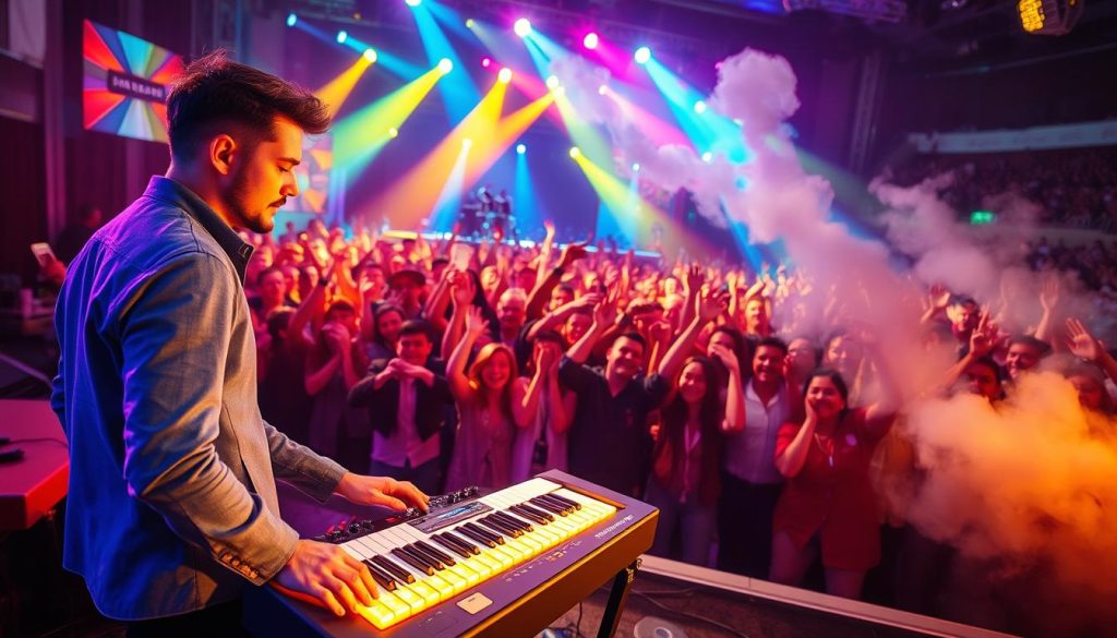 A vibrant concert scene captured just after a captivating performance. In the foreground, a charismatic musician, dressed in smart casual attire, steps away from a stylish, illuminated keyboard, sweat glistening on their brow, reflecting the intensity of the performance. In the middle ground, a lively crowd, filled with passionate fans, cheers and raises their hands, their expressions full of joy and exhilaration. The background features a colorful stage with dramatic lighting effects, showcasing glowing spotlights and vibrant hues that evoke energy and excitement. A hint of smoke lingers in the air, adding to the atmosphere, while the overall mood is electric and celebratory, capturing the transformation that live performances bring to original compositions. Shot with a wide-angle lens for a dynamic perspective.
