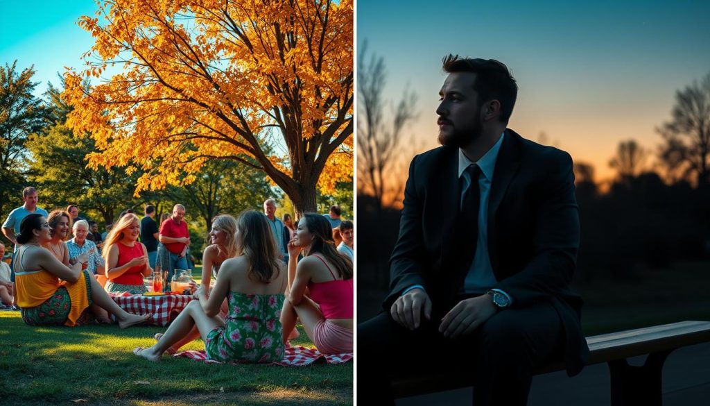 A vibrant scene capturing the essence of "Good Times Bad Times," featuring a split composition: on the left, a lively gathering with people laughing and enjoying a sunny picnic in a park, dressed in colorful summer casual attire, engaging in games. On the right, a contrasting atmosphere of somber reflection, showing individuals sitting on a nearby bench, looking pensive and deep in thought, dressed in professional business attire. The background showcases trees with vibrant leaves and a clear blue sky on the left, while the right side fades to dusk with a few stars beginning to twinkle. Soft, warm lighting envelops the picnic side, while cooler tones dominate the reflective area, creating a mood of contrast between joy and contemplation, shot from a medium distance with a slight angle to highlight both sides effectively. A vibrant scene capturing the essence of "Good Times Bad Times," featuring a split composition: on the left, a lively gathering with people laughing and enjoying a sunny picnic in a park, dressed in colorful summer casual attire, engaging in games. On the right, a contrasting atmosphere of somber reflection, showing individuals sitting on a nearby bench, looking pensive and deep in thought, dressed in professional business attire. The background showcases trees with vibrant leaves and a clear blue sky on the left, while the right side fades to dusk with a few stars beginning to twinkle. Soft, warm lighting envelops the picnic side, while cooler tones dominate the reflective area, creating a mood of contrast between joy and contemplation, shot from a medium distance with a slight angle to highlight both sides effectively.