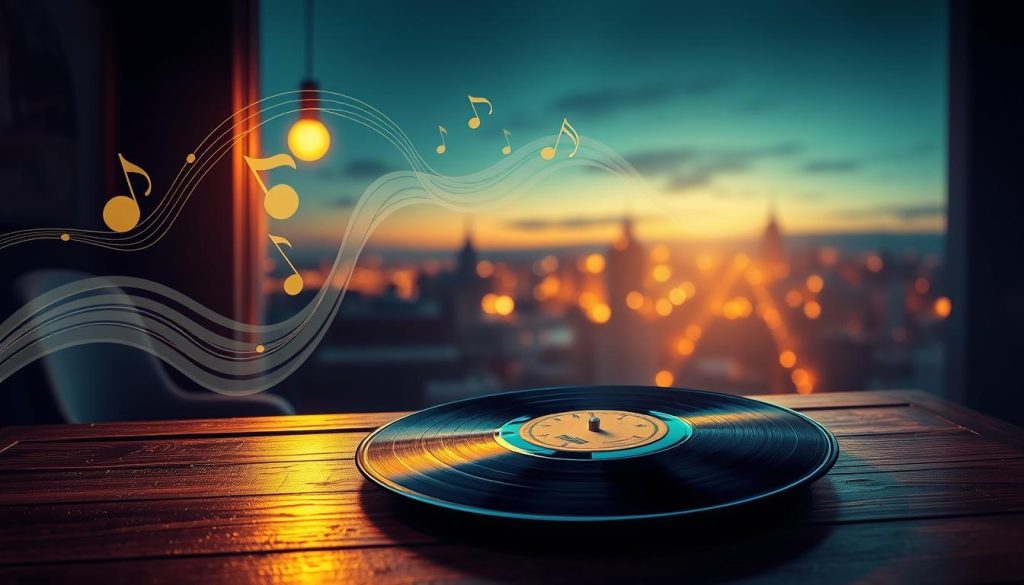 A beautifully designed album cover featuring a melancholic yet uplifting aesthetic, showcasing a vibrant blend of blues and golds that evoke feelings of love and longing. In the foreground, a stylized vinyl record lies on a vintage wooden table, partially illuminated by soft, warm lighting that creates gentle shadows. The middle ground displays abstract shapes resembling soundwaves and musical notes swirling around, symbolizing the essence of music. In the background, a dreamy, blurred landscape of a quiet city at dusk with twinkling lights representing the emotional resonance of a love song. The scene captures a harmonious balance of nostalgia and modernity, inviting the viewer into the world of music and emotional storytelling.