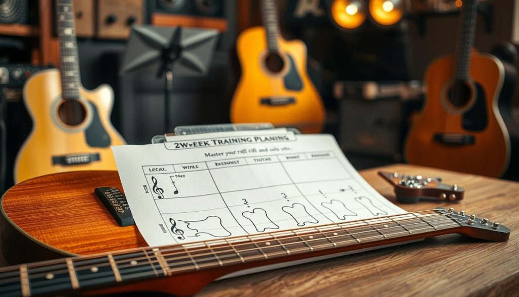 A close-up view of a beautifully arranged two-week training plan for mastering guitar riffs and solos, artistically featured on a wooden table. The plan is illustrated with hand-drawn guitar shapes and musical notes, with a cozy studio backdrop filled with acoustic guitars and a music stand. Soft, warm ambient lighting highlights the textures of the paper and wood, creating an inviting atmosphere. In the foreground, a well-worn acoustic guitar rests beside the plan, its strings glistening. The composition uses a shallow depth of field to focus on the training plan, while the background remains slightly blurred, evoking a sense of inspiration and dedication for guitar enthusiasts aiming to enhance their skills. A close-up view of a beautifully arranged two-week training plan for mastering guitar riffs and solos, artistically featured on a wooden table. The plan is illustrated with hand-drawn guitar shapes and musical notes, with a cozy studio backdrop filled with acoustic guitars and a music stand. Soft, warm ambient lighting highlights the textures of the paper and wood, creating an inviting atmosphere. In the foreground, a well-worn acoustic guitar rests beside the plan, its strings glistening. The composition uses a shallow depth of field to focus on the training plan, while the background remains slightly blurred, evoking a sense of inspiration and dedication for guitar enthusiasts aiming to enhance their skills.