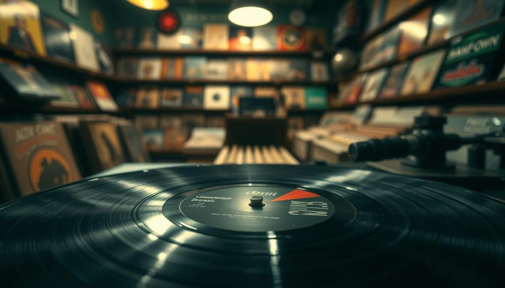 A close-up view of a vinyl record featuring "Communication Breakdown" in the foreground, with intricate details of the shiny grooves reflecting light. The middle ground showcases an old-style turntable, slightly worn, emphasizing the nostalgia of the punk era. In the background, dimly lit shadows of a vintage record store, lined with shelves filled with an assortment of classic vinyl albums, create a warm, inviting atmosphere. Soft, ambient lighting casts a muted glow, enhancing the mood of reflection and history. The overall color palette includes deep greens and browns, evoking a sense of retro authenticity, while the composition captures the essence of the punk era's energy and rebellion. The image should be crisp, taken from a slightly elevated angle to showcase all elements harmoniously.