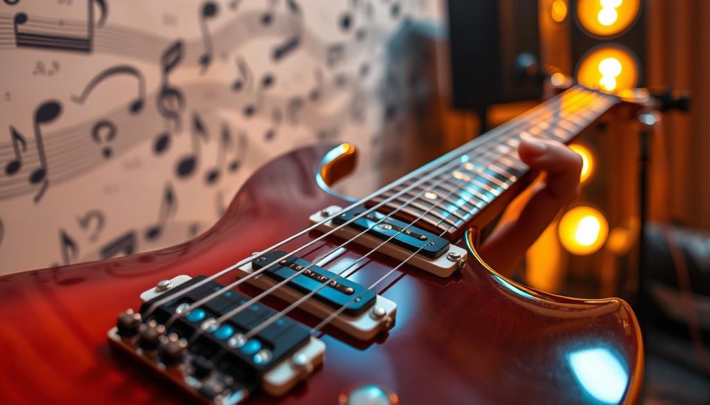A close-up view of an electric guitar in a stylish studio setting, focusing on the neck and fretboard, emphasizing intricate riffs and bending techniques. The guitar has a glossy finish, reflecting warm studio lights, with fingers gracefully positioned on the frets, showcasing an expressive bend. Surrounding the guitar, a soft-focused backdrop features a subtle blend of musical notes and abstract shapes, creating a dynamic atmosphere. The lighting is warm and inviting, mimicking a cozy recording studio, with highlights emphasizing the strings and wood grain of the guitar. The scene captures the essence of creativity and passion in music, inviting the viewer to explore the art of guitar playing through vibrant colors and textures. A close-up view of an electric guitar in a stylish studio setting, focusing on the neck and fretboard, emphasizing intricate riffs and bending techniques. The guitar has a glossy finish, reflecting warm studio lights, with fingers gracefully positioned on the frets, showcasing an expressive bend. Surrounding the guitar, a soft-focused backdrop features a subtle blend of musical notes and abstract shapes, creating a dynamic atmosphere. The lighting is warm and inviting, mimicking a cozy recording studio, with highlights emphasizing the strings and wood grain of the guitar. The scene captures the essence of creativity and passion in music, inviting the viewer to explore the art of guitar playing through vibrant colors and textures.