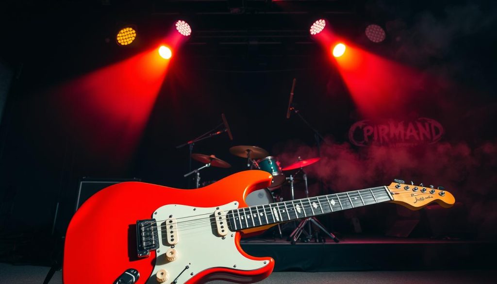 A dynamic and powerful electric guitar, positioned prominently in the foreground, showcasing its sleek body and vibrant finish. The guitar is set against a dramatic backdrop of a dimly lit stage, illuminated by sharp, colorful spotlights casting dramatic shadows. In the middle ground, a bass guitar rests next to an imposing drum kit, suggesting a band ready for action, while abstract sound waves ripple through the air, representing intense energy. Add a hint of smoke for atmosphere, enhancing the rawness of a punk environment. The mood is edgy and electrifying, capturing the essence of a command-style performance, with a focus on movement and vibrancy, evoking feelings of rebellion and musical intensity. The scene is captured with a wide-angle lens to emphasize depth and action.