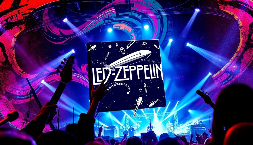 A dynamic depiction of the iconic Led Zeppelin I album cover, focusing on the striking art featuring the black and white image of a zeppelin amidst a vibrant, abstract background of swirling colors that capture the raw energy of rock music. In the foreground, stylized elements of punk rock culture—like safety pins and electric guitars—intertwine around the album cover, highlighting its influence on punk energy. The middle ground features subtle hints of concert lights shining, creating a moody atmosphere, while a backdrop of an ethereal stage setup shimmers, evoking the excitement of a live performance. Use dramatic lighting to enhance the sense of movement and urgency, with a slight tilt in angle for a lively perspective, reflecting the explosive impact of the music on its listeners.