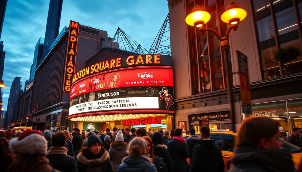 A dynamic view of Madison Square Garden in New York, capturing the iconic facade illuminated in the evening. The foreground features a bustling crowd of warmly dressed concert-goers eagerly moving toward the entrance, reflecting excitement and anticipation. In the middle ground, the Garden’s renowned marquee displays a tribute to classic rock legends, with bright lights glowing against a dusky sky. The background showcases the New York skyline, subtly blurred to enhance the focus on the venue, with hints of urban life like yellow taxis and streetlights. The atmosphere is electric, filled with the vibrant energy of live music and history, evoking a sense of nostalgia and celebration under soft twilight lighting.