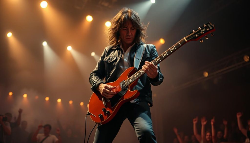 A solo Jimmy Page, depicted as a legendary rock guitarist, stands center stage in a dimly lit, smoky venue, exuding charisma and intensity. He is dressed in a stylish, modest black leather jacket and fitted jeans, wearing a classic white shirt underneath. His long, dark hair flows around his shoulders as he passionately plays an iconic electric guitar, fingers skillfully dancing over the frets. The warm, golden stage lights create a soft halo around him, contrasting with the cool shadows in the background. Small, cheering silhouettes of an enthusiastic audience can be seen faintly beyond him, adding to the electric atmosphere. The camera angle captures a low perspective, emphasizing the grandeur of the moment, with a hint of motion blur in the guitar, illustrating his improvisational energy and the essence of a Page-style solo. A solo Jimmy Page, depicted as a legendary rock guitarist, stands center stage in a dimly lit, smoky venue, exuding charisma and intensity. He is dressed in a stylish, modest black leather jacket and fitted jeans, wearing a classic white shirt underneath. His long, dark hair flows around his shoulders as he passionately plays an iconic electric guitar, fingers skillfully dancing over the frets. The warm, golden stage lights create a soft halo around him, contrasting with the cool shadows in the background. Small, cheering silhouettes of an enthusiastic audience can be seen faintly beyond him, adding to the electric atmosphere. The camera angle captures a low perspective, emphasizing the grandeur of the moment, with a hint of motion blur in the guitar, illustrating his improvisational energy and the essence of a Page-style solo.