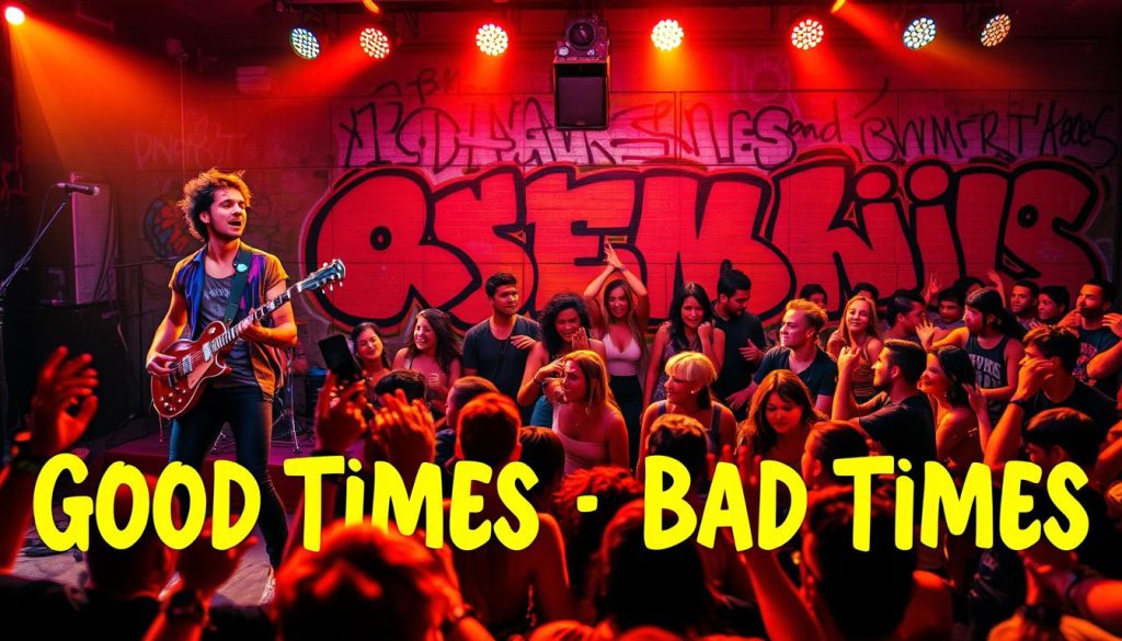 A split-image composition reflecting "Good Times Bad Times." In the foreground, a vibrant punk band performing energetically on stage, with musicians in striking, colorful clothing and expressive facial expressions, capturing the joy of live performance. In the middle ground, a diverse crowd enthusiastically engaging, dancing to the music with a sense of liberation. The background features a graffiti-covered wall with abstract designs and bright colors, representing the raw energy of punk culture. The scene is illuminated by dynamic stage lights in warm tones, creating an intense atmosphere. The angle is slightly low, emphasizing the band and crowd while capturing the spirit of camaraderie and rebellion inherent in punk music. The overall mood is celebratory yet reflective, embodying the duality of good and bad times.