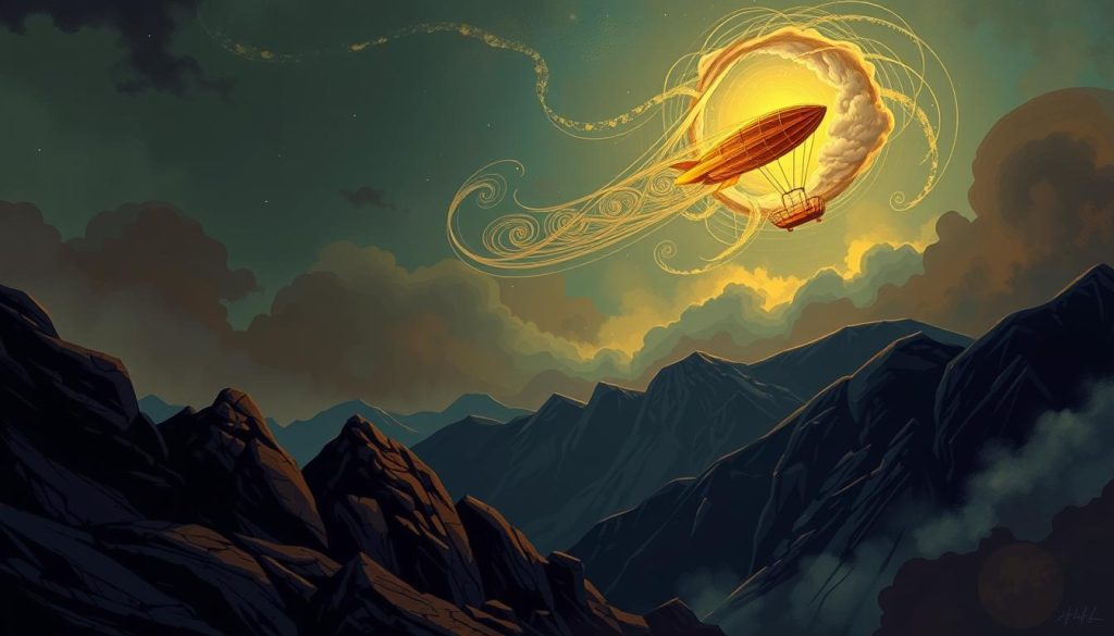 A vivid illustration of a Led Zeppelin album cover, featuring iconic imagery associated with the band. In the foreground, a mystical, swirling depiction of a golden zeppelin soaring above, with intricate clouds surrounding it, hinting at the ethereal atmosphere of their music. In the middle layer, a rocky landscape with dark mountains and a dimly lit, moody sky, evoking a sense of adventure and nostalgia, emphasizing the band's classic rock heritage. The background includes abstract shapes and colors reminiscent of 1970s album art, creating a vibrant yet atmospheric ambiance. Soft, diffused lighting highlights the zeppelin, casting gentle shadows on the landscape below. The overall mood should feel both epic and introspective, capturing the essence of Led Zeppelin's sound and the emotional depth of their discography. No text or additional elements cluttering the scene.