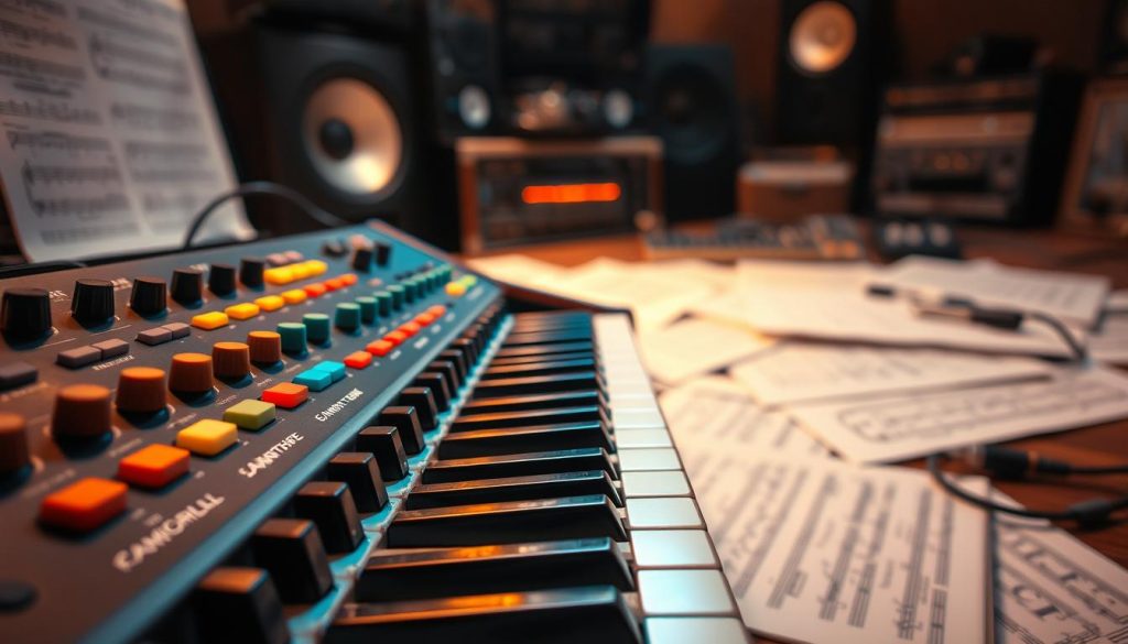 A close-up view of a vintage synthesizer, showcasing its colorful array of keys and knobs, surrounded by sheet music and a soft glow of ambient light. The foreground highlights the intricate details of the instrument, such as textured keys and shiny metallic parts. In the middle ground, loosely scattered music sheets evoke a creative atmosphere. The background features dimly lit studio equipment, hinting at a recording space filled with creativity. Use warm lighting to create a cozy, nostalgic mood, while a shallow depth of field focuses on the synthesizer, blurring the surrounding elements. The overall ambiance should reflect a sense of artistic exploration and connection to contemporary music trends. A close-up view of a vintage synthesizer, showcasing its colorful array of keys and knobs, surrounded by sheet music and a soft glow of ambient light. The foreground highlights the intricate details of the instrument, such as textured keys and shiny metallic parts. In the middle ground, loosely scattered music sheets evoke a creative atmosphere. The background features dimly lit studio equipment, hinting at a recording space filled with creativity. Use warm lighting to create a cozy, nostalgic mood, while a shallow depth of field focuses on the synthesizer, blurring the surrounding elements. The overall ambiance should reflect a sense of artistic exploration and connection to contemporary music trends.