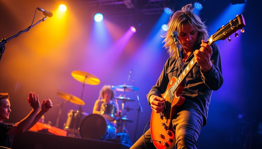 A dynamic and expressive representation of a classic rock performance, centered around a powerful electric guitar solo reminiscent of Led Zeppelin's iconic sound. In the foreground, a guitarist passionately strums a vintage Les Paul, his face illuminated by a spotlight that captures his intense focus. In the middle ground, a drummer energetically plays an elaborate drum kit, vibrant cymbals reflecting a warm, golden light. The background features a cheering crowd, their silhouettes shrouded in a soft haze, suggesting excitement and anticipation. The overall atmosphere is electric and nostalgic, enhanced by dramatic stage lighting in hues of blue and purple, evoking the legendary vibe of 1970s rock concerts. The image should be captured with a wide-angle lens to emphasize the energy and depth of the performance. A dynamic and expressive representation of a classic rock performance, centered around a powerful electric guitar solo reminiscent of Led Zeppelin's iconic sound. In the foreground, a guitarist passionately strums a vintage Les Paul, his face illuminated by a spotlight that captures his intense focus. In the middle ground, a drummer energetically plays an elaborate drum kit, vibrant cymbals reflecting a warm, golden light. The background features a cheering crowd, their silhouettes shrouded in a soft haze, suggesting excitement and anticipation. The overall atmosphere is electric and nostalgic, enhanced by dramatic stage lighting in hues of blue and purple, evoking the legendary vibe of 1970s rock concerts. The image should be captured with a wide-angle lens to emphasize the energy and depth of the performance.