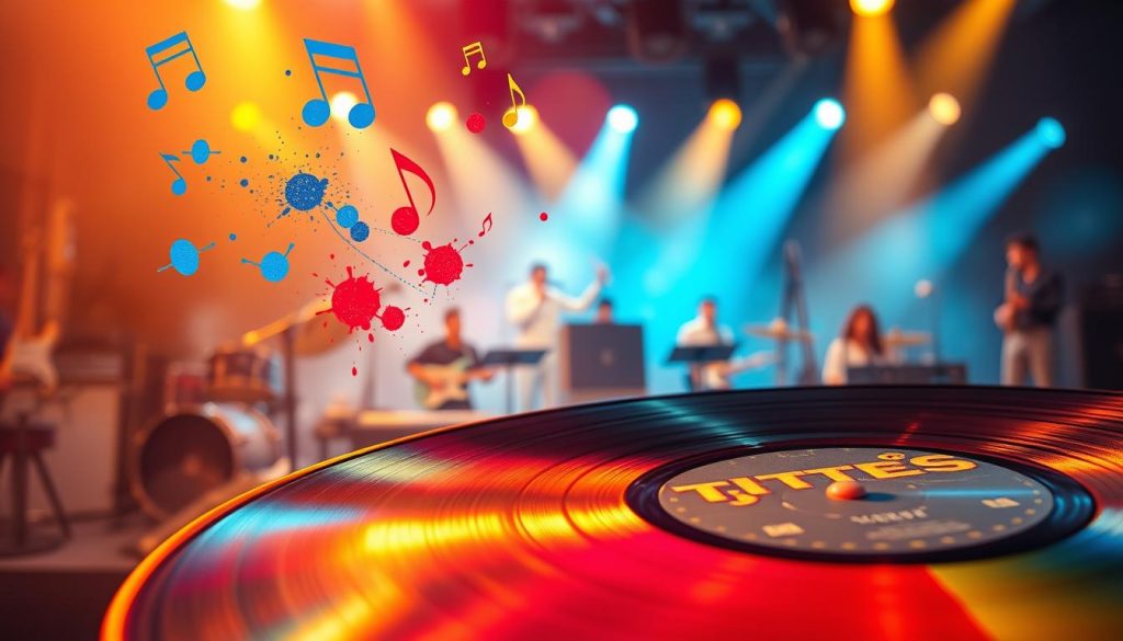 A vibrant, artistic representation of an album cover titled "Titres", showcasing an abstract musical theme. In the foreground, a colorful vinyl record spins slowly, its grooves catching the light. Surrounding the record, musical notes float gracefully, intertwining with splashes of vivid colors like blue, red, and yellow, symbolizing different musical genres. The middle ground features an array of instruments—guitars, keyboards, and brass instruments—within a hazy, dreamy ambiance that suggests creativity. In the background, soft gradients of light blend together, creating a soulful atmosphere reminiscent of a live music performance. The scene is illuminated by warm, soft lighting, invoking a nostalgic yet energetic feeling, viewed from a slightly elevated angle to capture depth.