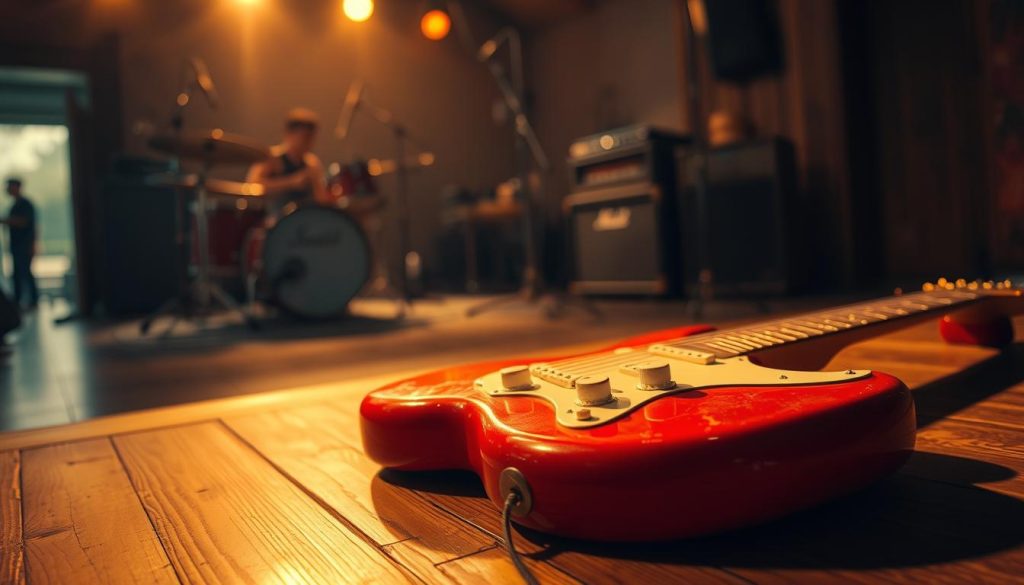 A vintage electric guitar resting on an aged wooden stage, surrounded by dim, atmospheric lighting that casts soft shadows, evoking a sense of nostalgia. The guitar, with its glossy finish revealing subtle wear, features intricate details like vintage knobs and a unique pickguard design. In the background, blurred silhouettes of an old band setup, including a drum kit and amplifiers, suggest a lively yet distant musical history. The ambiance captures the essence of a bygone era, with a warm, golden hue filling the space, reminiscent of classic rock performances. The angle is slightly elevated, focusing on the guitar in the foreground while hinting at the rich musical legacy behind it. A vintage electric guitar resting on an aged wooden stage, surrounded by dim, atmospheric lighting that casts soft shadows, evoking a sense of nostalgia. The guitar, with its glossy finish revealing subtle wear, features intricate details like vintage knobs and a unique pickguard design. In the background, blurred silhouettes of an old band setup, including a drum kit and amplifiers, suggest a lively yet distant musical history. The ambiance captures the essence of a bygone era, with a warm, golden hue filling the space, reminiscent of classic rock performances. The angle is slightly elevated, focusing on the guitar in the foreground while hinting at the rich musical legacy behind it.