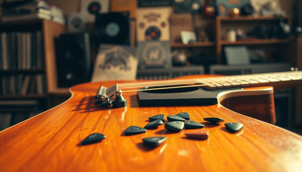 A close-up of a vintage guitar with unique alternative tunings displayed on a beautifully crafted wooden workbench. The foreground features the intricate details of the guitar’s body, with sunlight reflecting off the polished wood, casting warm, inviting hues. In the middle ground, various guitar picks and tuning pegs are scattered artistically, symbolizing creativity and exploration in music. The background is softly blurred, showcasing a rustic music studio atmosphere with shelves lined with vinyl records and songwriting notes. The lighting is natural and warm, creating an inviting mood that encapsulates the essence of musical experimentation. The image should evoke feelings of inspiration and connection to the art of music, filled with depth and texture, while remaining harmonious in color and composition. A close-up of a vintage guitar with unique alternative tunings displayed on a beautifully crafted wooden workbench. The foreground features the intricate details of the guitar’s body, with sunlight reflecting off the polished wood, casting warm, inviting hues. In the middle ground, various guitar picks and tuning pegs are scattered artistically, symbolizing creativity and exploration in music. The background is softly blurred, showcasing a rustic music studio atmosphere with shelves lined with vinyl records and songwriting notes. The lighting is natural and warm, creating an inviting mood that encapsulates the essence of musical experimentation. The image should evoke feelings of inspiration and connection to the art of music, filled with depth and texture, while remaining harmonious in color and composition.