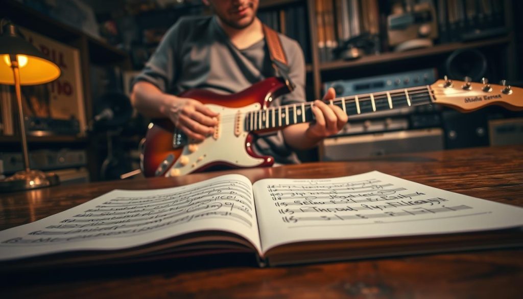 A close-up of an electric guitar on a vintage recording studio tabletop, highlighting the intricate wood grain and well-worn texture of the instrument. In the foreground, a set of sheet music with handwritten riffs and chord notations sprawls out, illuminated by warm, soft lighting from an old lamp. In the middle, a person wearing a casual yet professional outfit strums the guitar, fingers gracefully navigating the frets, conveying a sense of focus and creativity. The background features shelves filled with classic vinyl records and studio equipment, with a rich, moody atmosphere enhanced by dim lighting and shadows, creating a nostalgic feel reminiscent of legendary recording sessions. The overall composition should evoke a sense of musical innovation, harmony, and the artistry related to iconic riffs. A close-up of an electric guitar on a vintage recording studio tabletop, highlighting the intricate wood grain and well-worn texture of the instrument. In the foreground, a set of sheet music with handwritten riffs and chord notations sprawls out, illuminated by warm, soft lighting from an old lamp. In the middle, a person wearing a casual yet professional outfit strums the guitar, fingers gracefully navigating the frets, conveying a sense of focus and creativity. The background features shelves filled with classic vinyl records and studio equipment, with a rich, moody atmosphere enhanced by dim lighting and shadows, creating a nostalgic feel reminiscent of legendary recording sessions. The overall composition should evoke a sense of musical innovation, harmony, and the artistry related to iconic riffs.
