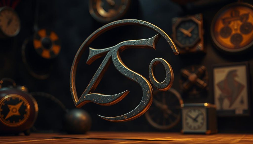 A close-up of the cryptic "ZoSo" symbol attributed to Jimmy Page, artistically rendered in an intricate, aged style, set against a dark, textured background that evokes an aura of mystery. The symbol is prominently displayed in silver and gold tones, emphasizing its enigmatic curves and lines. Soft, ambient lighting highlights the details of the symbol, creating subtle shadows that enhance its three-dimensional quality. The composition focuses on the symbol in the foreground, with hints of vintage rock and roll memorabilia subtly blurred in the middle ground. The atmosphere is moody and atmospheric, reminiscent of the 1970s rock scene, inviting viewers to ponder the mystery behind its meaning.