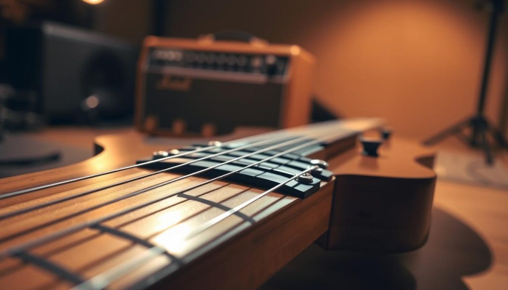 A close-up view of a high-quality electric guitar laid on a wooden studio desk, emphasizing the soft strings, inviting a sense of comfort and ease of play. The focus is on the guitar's neck, showcasing smooth frets and the gentle sheen of polished wood. In the background, dim, warm studio lighting creates an intimate atmosphere, with shadows adding depth. A vintage amplifier is subtly visible, hinting at a creative environment. The lens captures fine details like the intricate grain of the body and the delicate curvature of the strings. The overall mood is relaxed and inspiring, embodying the philosophy of flexible strings and touch sensitivity, appealing to musicians seeking comfort in their craft. A close-up view of a high-quality electric guitar laid on a wooden studio desk, emphasizing the soft strings, inviting a sense of comfort and ease of play. The focus is on the guitar's neck, showcasing smooth frets and the gentle sheen of polished wood. In the background, dim, warm studio lighting creates an intimate atmosphere, with shadows adding depth. A vintage amplifier is subtly visible, hinting at a creative environment. The lens captures fine details like the intricate grain of the body and the delicate curvature of the strings. The overall mood is relaxed and inspiring, embodying the philosophy of flexible strings and touch sensitivity, appealing to musicians seeking comfort in their craft.