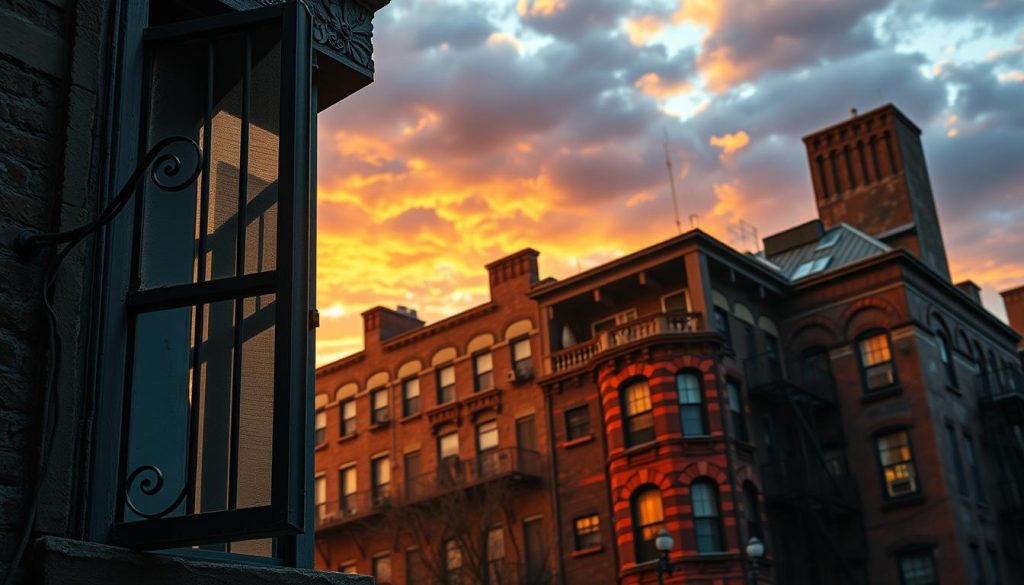 A detailed artistic representation of the iconic "Physical Graffiti" album cover by Led Zeppelin, showcasing the famous tenement building in New York City. In the foreground, feature a slightly open window with intricate ironwork, allowing a glimpse of mysterious shadows inside. The middle ground should include the building's weathered brick façade, adorned with eclectic details and vibrant textures, enhancing the feeling of urban history. In the background, capture a cloudy sunset sky, casting warm hues that evoke nostalgia and depth. The lighting should be soft and moody, setting an atmospheric tone. The composition should embody a mix of ruggedness and artistic allure, reflecting the essence of the double album, released on February 24, 1975, inviting viewers to explore its musical legacy.