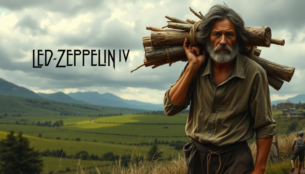 A detailed illustration of the "Led Zeppelin IV" album cover, featuring the iconic figure of a man carrying bundles of wood on his back in a rural landscape. In the foreground, the man is dressed in modest, traditional clothing, symbolizing labor and the passage of time. The middle ground showcases a serene, green countryside under a cloudy sky, reflecting an ethereal mood. The background includes distant mountains with a hint of an ancient village, merging the past with a timeless present. Soft, diffused lighting highlights the textures of the wood and the man’s weathered expression, creating an atmosphere of contemplation and nostalgia. The composition is shot with a slightly elevated angle to provide depth, evoking a sense of connection between the eras represented in the image.