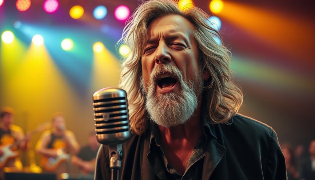 A dynamic, close-up portrait of Robert Plant performing on stage, embodying his powerful voice and charismatic stage presence. In the foreground, Plant is captured in mid-performance, expressing deep emotion with his eyes closed and mouth open as he sings, dressed in stylish, modest rock attire. The middle ground features a vintage microphone, emanating sound waves, complemented by a lively band in the background, slightly blurred to emphasize Plant. The background is a packed concert venue with colorful stage lights casting a warm, golden glow, creating an electric atmosphere. The image should be shot from a slightly low angle to enhance Plant's imposing figure, highlighting the energy and passion of a rock concert. A dynamic, close-up portrait of Robert Plant performing on stage, embodying his powerful voice and charismatic stage presence. In the foreground, Plant is captured in mid-performance, expressing deep emotion with his eyes closed and mouth open as he sings, dressed in stylish, modest rock attire. The middle ground features a vintage microphone, emanating sound waves, complemented by a lively band in the background, slightly blurred to emphasize Plant. The background is a packed concert venue with colorful stage lights casting a warm, golden glow, creating an electric atmosphere. The image should be shot from a slightly low angle to enhance Plant's imposing figure, highlighting the energy and passion of a rock concert.