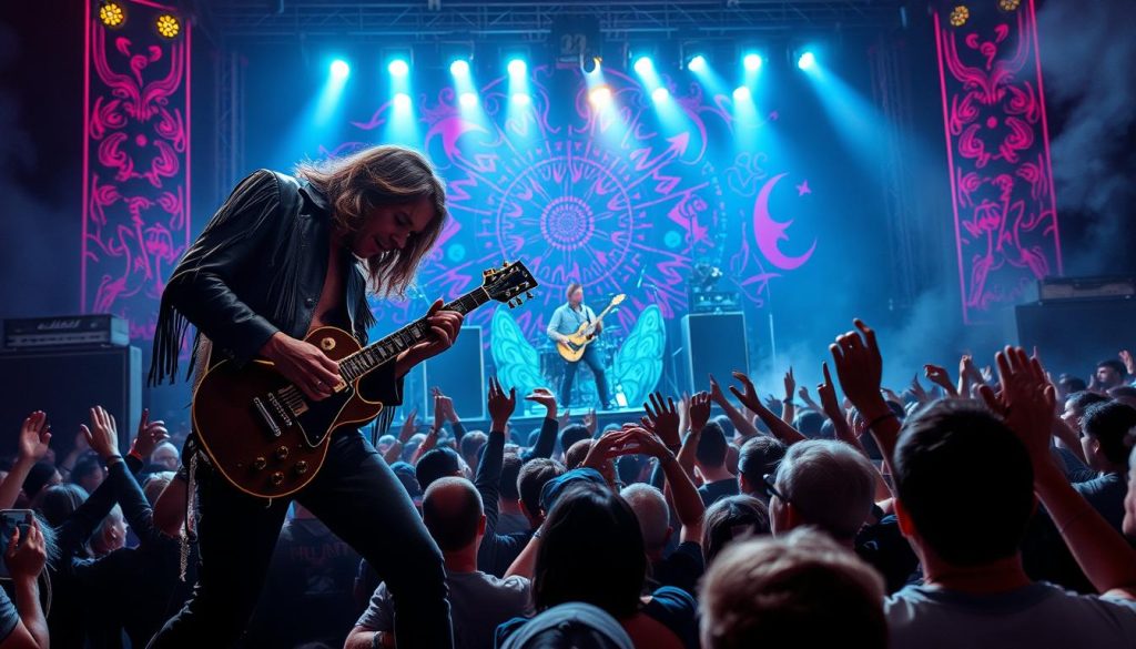 A dynamic concert scene inspired by Led Zeppelin II, capturing the essence of hard rock. In the foreground, a powerful guitarist strums an electric guitar, passionately immersed in the music, dressed in a classic rock outfit with fringed leather. In the middle, the lead singer captivates the audience, with a vibrant stage backdrop showcasing colorful lights and psychedelic patterns, emanating a sense of energy and excitement. The crowd, depicted as an enthusiastic mass, is immersed in the experience, with hands raised and faces expressing joy. The background features towering amplifiers and an electric atmosphere, with a slight haze of smoke illuminated by the stage lights. The overall mood is exhilarating and nostalgic, emphasizing the explosive spirit of rock music from the late 1960s. Aim for a slightly angled perspective to draw viewers into the lively scene.