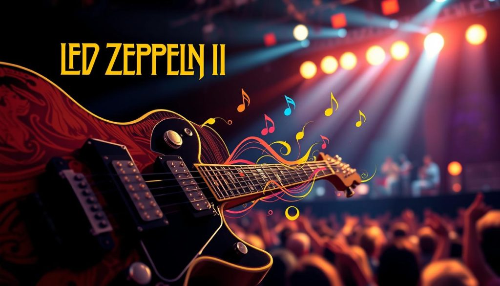 A dynamic illustration showcasing the essence of "Led Zeppelin II" with vibrant guitar riffs represented visually. In the foreground, a stylized electric guitar, with intricate details that invoke a sense of motion, as if riffs are bursting forth from it. The middle ground features abstract waves of sound and colorful musical notes emanating from the guitar, symbolizing stereo experimentation. The background is a blurred silhouette of a classic rock concert setting, with dramatic lighting that creates a warm and electric atmosphere. The mood is energetic and nostalgic, capturing the spirit of the 1970s rock scene. The color palette should include deep blues, fiery reds, and earthy browns to reflect the album's iconic sound. No people in the image, purely focused on the sonic experience.