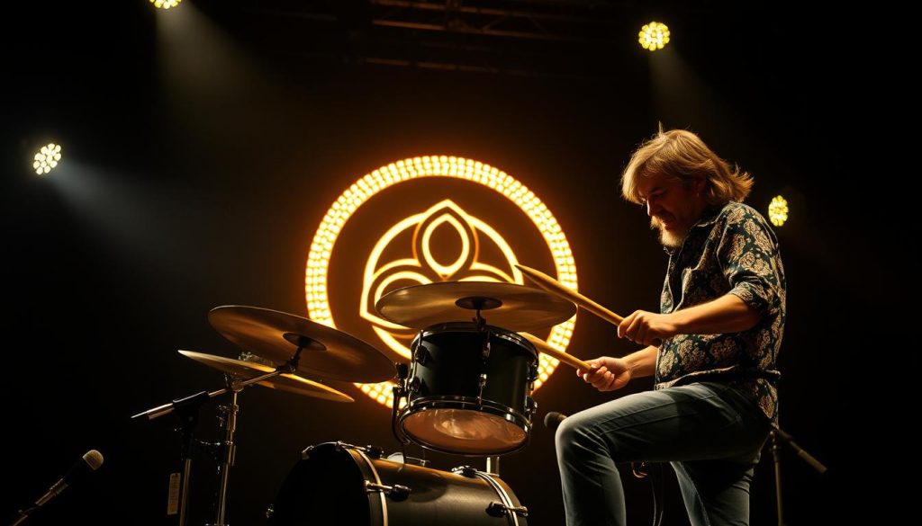 A dynamic portrayal of John Bonham, the legendary drummer of Led Zeppelin, immersed in a mesmerizing performance. In the foreground, he fiercely plays a classic black drum set, passionately striking the drums with intensity. His expression reflects sheer focus and energy, wearing a casual yet stylish patterned shirt and jeans. In the middle ground, three symbolically designed circles emanate vibrantly behind him, representing the trinity and his iconic status in rock music, softly glowing with a golden hue. The background features a dimly lit, intimate concert setting with soft spotlights illuminating the scene, casting dramatic shadows that enhance the atmosphere of raw creativity and musical mastery. The mood is electric and nostalgic, capturing the essence of a legendary performance without any distracting elements.