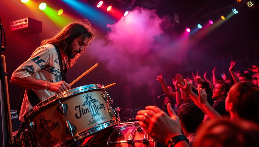 A dynamic rock concert scene featuring a powerful drum solo by a drummer resembling John Bonham, highlighting his intense energy. In the foreground, a close-up of the drummer passionately playing a vintage drum kit adorned with intricate designs, sweat on his brow reflecting the stage lights. For the middle ground, capture excited fans in the audience, arms raised, immersed in the music, with colorful stage lights illuminating their faces. The background should showcase a darkened venue filled with smoke, amplifiers, and band members in shadowy silhouettes. The atmosphere is electric and vibrant, with dramatic lighting casting vivid colors that enhance the fervor of the moment, as if frozen in time, illustrating the iconic essence of rock music.