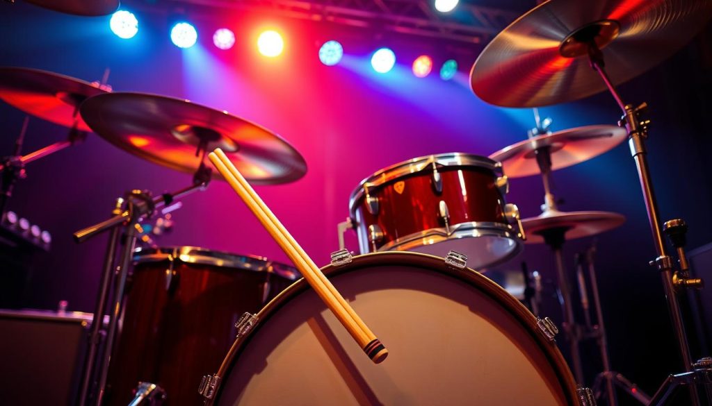 A dynamic rock drumming setup inspired by the legendary John Bonham. In the foreground, a detailed vintage Ludwig drum kit with a deep imperial maroon finish, including a bass drum with Bonham's signature logo, snare, and a variety of cymbals like hi-hats and crash cymbals prominently displayed. The mid-ground features drumsticks resting on the snare, suggesting movement and rhythm. The background showcases colorful stage lighting that bathes the scene in a warm glow, creating an energetic atmosphere. Capture the image from a slightly elevated angle, emphasizing the depth of the drum kit and creating a sense of immersion. The mood is lively and powerful, evoking the essence of classic rock music.