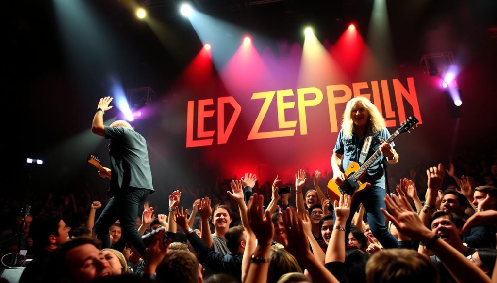 A high-energy scene capturing the essence of the Led Zeppelin concert at the O2 Arena in 2007. In the foreground, musicians Jimmy Page and Robert Plant perform passionately on stage, dressed in stylish yet casual rock attire. Middle section features a dynamic crowd of enthusiastic fans, their hands raised, with expressions of joy and excitement as they engage with the music. The background reveals dramatic stage lighting with vibrant colors illuminating the iconic Led Zeppelin logo. The atmosphere is electric, conveying a sense of nostalgia and celebration, reminiscent of legendary rock performances. The image is captured from a slightly elevated angle, enhancing the connection between the band and the audience. Bright spotlights and epic smoke effects contribute to the visual drama, creating a memorable concert experience. A high-energy scene capturing the essence of the Led Zeppelin concert at the O2 Arena in 2007. In the foreground, musicians Jimmy Page and Robert Plant perform passionately on stage, dressed in stylish yet casual rock attire. Middle section features a dynamic crowd of enthusiastic fans, their hands raised, with expressions of joy and excitement as they engage with the music. The background reveals dramatic stage lighting with vibrant colors illuminating the iconic Led Zeppelin logo. The atmosphere is electric, conveying a sense of nostalgia and celebration, reminiscent of legendary rock performances. The image is captured from a slightly elevated angle, enhancing the connection between the band and the audience. Bright spotlights and epic smoke effects contribute to the visual drama, creating a memorable concert experience.
