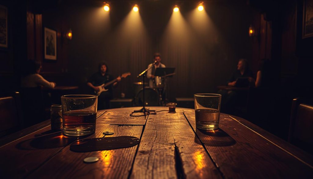 A mysterious and atmospheric representation of Led Zeppelin's "In Through the Out Door" album cover, highlighting a dimly lit bar scene. In the foreground, a weathered wooden table with spilled drinks and vintage memorabilia, such as a guitar pick, emphasizing the band's rock legacy. The middle ground features a small stage with a microphone stand, surrounded by shadowy silhouettes of musicians in smart casual attire, creating intrigue. The background showcases faint outlines of patrons lost in thought, set against a moody, smokey ambiance with soft, warm lighting reflecting off the walls. The overall mood is nostalgic and contemplative, evoking the essence of the late 1970s music scene, combined with a sense of finality that resonates with the album's significance.