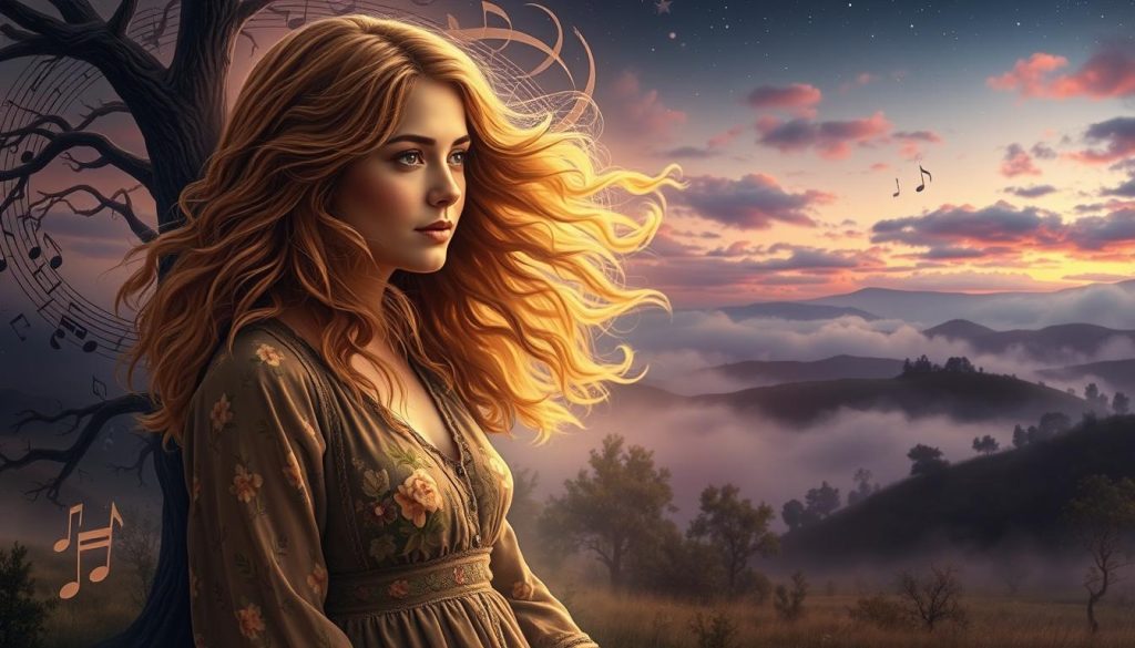 A mystical and ethereal representation of Sandy Denny, surrounded by swirling folk-inspired elements symbolizing her connection to "The Battle of Evermore." In the foreground, depict a softly lit, enchanting portrait of a woman with flowing, wavy hair wearing a vintage floral dress, embodying Denny's essence. In the middle ground, incorporate a tapestry of nature, with trees intertwined with musical notes and wisps of fog that evoke a sense of mystery and timelessness. The background should feature a dreamlike landscape, with soft-focus hills under a twilight sky, filled with stars and cloudy hues of purple and blue. Use soft, diffuse lighting to create a serene atmosphere, reminiscent of classic folk album covers, capturing the essence of the music and legend surrounding her.