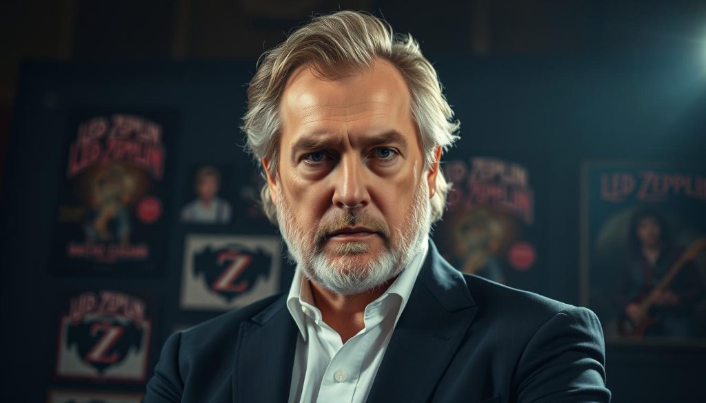A portrait of Peter Grant, the legendary manager of Led Zeppelin, captured with a dramatic focus on his commanding presence. In the foreground, he stands confidently, dressed in a tailored black suit with a crisp white shirt, radiating authority and charisma. His intense gaze, framed by a subtly styled beard, reflects the strategic mind behind the band's immense success. In the middle ground, hints of iconic Led Zeppelin memorabilia, like concert posters or album covers, subtly suggest the band's impact. The background is dimly lit, creating a moody atmosphere, with soft spotlighting highlighting Grant's figure. The lighting adds a warm glow, enhancing the sense of mystique. Capture the image from a slightly low angle to emphasize his stature and influence, allowing for rich details in facial expression and attire. A portrait of Peter Grant, the legendary manager of Led Zeppelin, captured with a dramatic focus on his commanding presence. In the foreground, he stands confidently, dressed in a tailored black suit with a crisp white shirt, radiating authority and charisma. His intense gaze, framed by a subtly styled beard, reflects the strategic mind behind the band's immense success. In the middle ground, hints of iconic Led Zeppelin memorabilia, like concert posters or album covers, subtly suggest the band's impact. The background is dimly lit, creating a moody atmosphere, with soft spotlighting highlighting Grant's figure. The lighting adds a warm glow, enhancing the sense of mystique. Capture the image from a slightly low angle to emphasize his stature and influence, allowing for rich details in facial expression and attire.