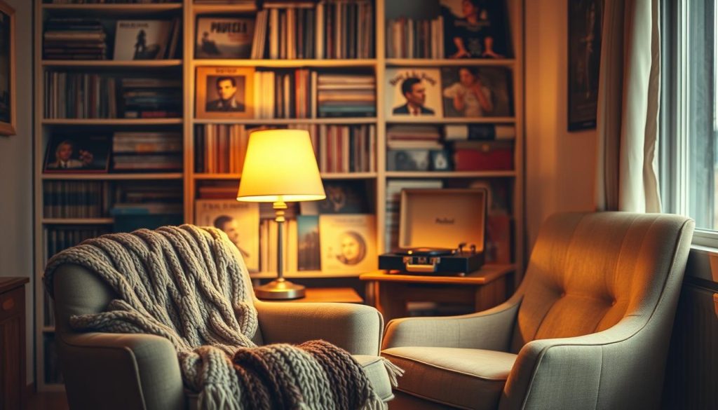 A serene, artistic representation of a cozy listening space to reflect on the album "Coda." In the foreground, a plush armchair with a knitted throw, next to a small wooden side table holding a vintage record player and vinyl records. In the middle, a warm, inviting lamp casts a soft glow, creating a soothing atmosphere. The background features a softly blurred bookshelf filled with diverse music albums, vinyls, and framed concert posters, hinting at a rich musical journey. The lighting is warm and golden, simulating late afternoon sun filtering through a window. The overall mood is reflective and intimate, inviting viewers to explore and appreciate the hidden gems of the "Coda" album, evoking a sense of nostalgia and discovery.