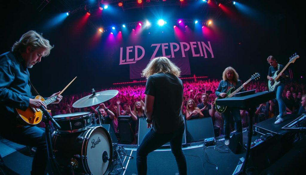 A thrilling Led Zeppelin concert scene featuring dynamic energy and passionate performances. In the foreground, a focused John Bonham passionately playing his iconic drum kit, his expression intense and immersed in the rhythm. To one side, Robert Plant captivates the audience with his powerful vocals, and on the other, Jimmy Page is mid-solo, guitar in hand, exuding charisma. John Paul Jones is seen skillfully engaging with a keyboard. The middle ground captures a vibrant crowd, cheering with excitement, hands raised in adoration. The background showcases a grand stage illuminated by colorful lights, with amplifiers and a large banner displaying the band's logo. The atmosphere is electric, highlighting the era's iconic rock spirit, with a slight fisheye lens effect to emphasize the immersive experience of the concert, moody lighting casting dynamic shadows.