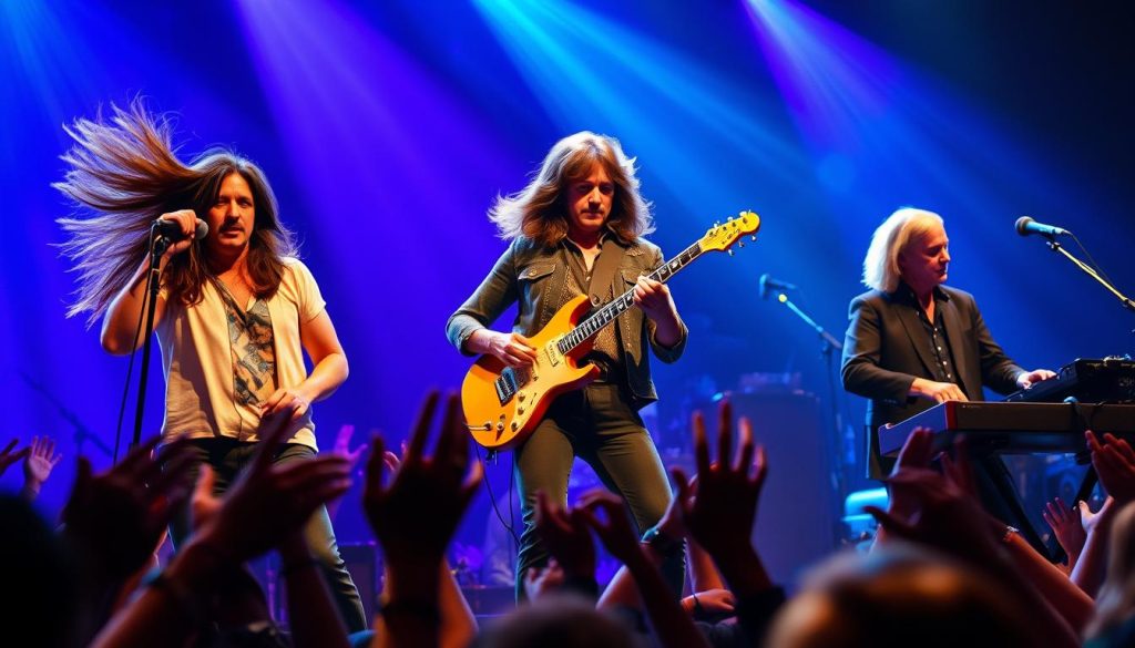 A vibrant concert scene showcasing Led Zeppelin in full performance. In the foreground, the band members—Robert Plant, Jimmy Page, John Paul Jones, and John Bonham—are deeply engaged with their instruments. Plant exhibits dynamic stage presence, with long hair flowing, holding the microphone passionately. Page is mid-solo, guitar raised, with an intense expression. Bonham is captured in action, striking his drums energetically, while Jones plays the keyboard with concentration. The middle ground is filled with cheering fans, hands raised in excitement, enhancing the electric atmosphere. The background features dramatic stage lights in bright hues of blue and purple, casting a kaleidoscope of colors over the scene. The image conveys a feeling of raw energy, spontaneity, and the iconic essence of rock music. The angle is slightly tilted to emphasize the movement, with soft focus on the edges to frame the band as the focal point. A vibrant concert scene showcasing Led Zeppelin in full performance. In the foreground, the band members—Robert Plant, Jimmy Page, John Paul Jones, and John Bonham—are deeply engaged with their instruments. Plant exhibits dynamic stage presence, with long hair flowing, holding the microphone passionately. Page is mid-solo, guitar raised, with an intense expression. Bonham is captured in action, striking his drums energetically, while Jones plays the keyboard with concentration. The middle ground is filled with cheering fans, hands raised in excitement, enhancing the electric atmosphere. The background features dramatic stage lights in bright hues of blue and purple, casting a kaleidoscope of colors over the scene. The image conveys a feeling of raw energy, spontaneity, and the iconic essence of rock music. The angle is slightly tilted to emphasize the movement, with soft focus on the edges to frame the band as the focal point.